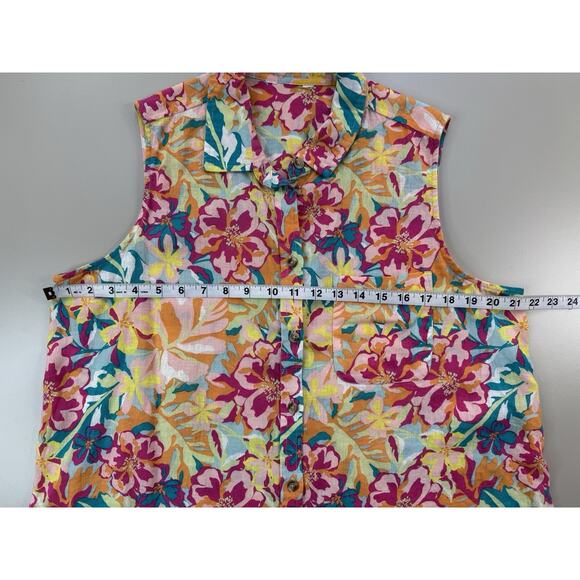 Womens Linen Floral Sleeveless Polo Large Lightweight Flowy Tropical Vacation - Picture 3 of 9